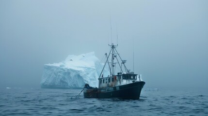 Fototapeta premium A massive iceberg looming in the distance dwarfing a small fishing boat and posing a threat to any passing vessels.