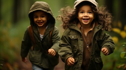 Two Young Children Walking in Woods