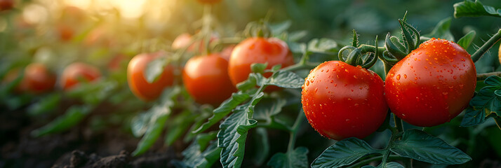 Closeup of ripe tomatoes growing on vegetable garden ,
 tomato field with corn stalks in the middle