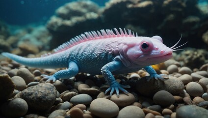 Fototapeta premium Axolotl, resting on pebbles in an underwater environment, The axolotl has pink gills, a white body, and blue eyes