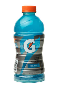 Isolated Bottle of Gatorade brand cool blue sport drink on transparent background	
