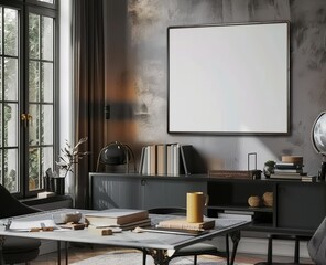 Frame Mockup in Home Office Interior Background. Presented in 3D Render. Made with Generative AI Technology