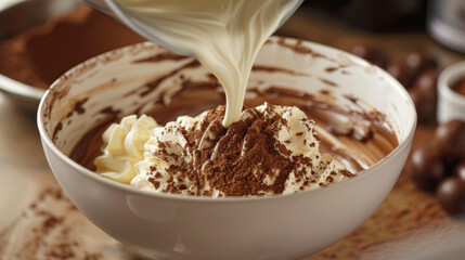 Vanilla ice cream being poured from a scoop into a white ceramic bowl, creating a creamy swirl.