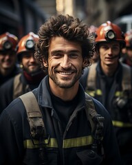 Man With Beard Smiles in Front of Firefighters
