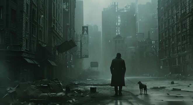 An empty suit walking a dog through a deserted city