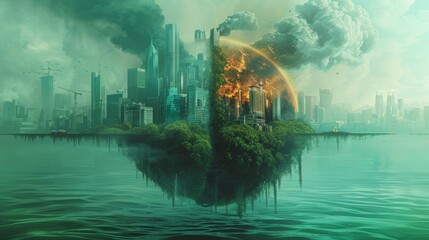 Vision of a City Half-Engulfed in Flames and Half-Thriving with Nature, Depicting Climate Paradox

 - obrazy, fototapety, plakaty