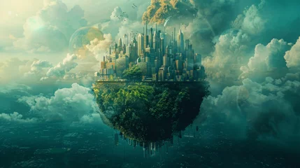 Fotobehang Floating City on a Lush Green Island, Symbolizing Climate Change  © Sippung