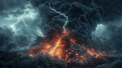 Erupting Volcano Amidst Lightning, Illustrating Extreme Climate Events
 - obrazy, fototapety, plakaty