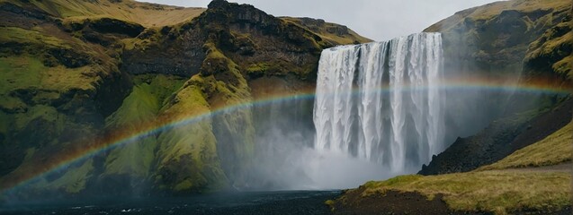 Drone shot of waterfall forming beautiful rainbow, icelandic landscape with nordic nature, Spectacular scandinavian cascade flowing down off of cliffs, panoramic view, Slow motion