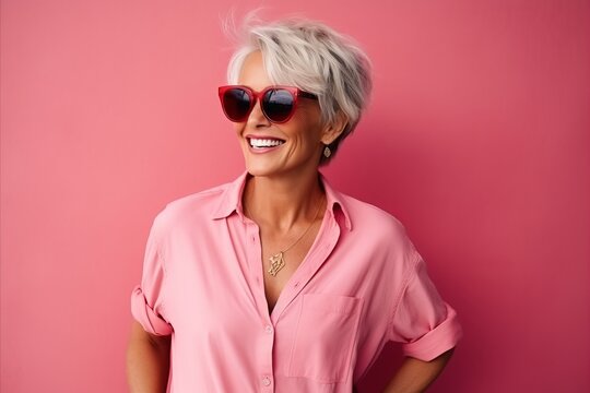 Portrait of a happy mature woman in sunglasses on a pink background