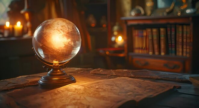 A crystal ball illuminating an ancient map in a dark room
