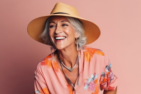 Portrait of a happy senior woman in summer hat over pink background