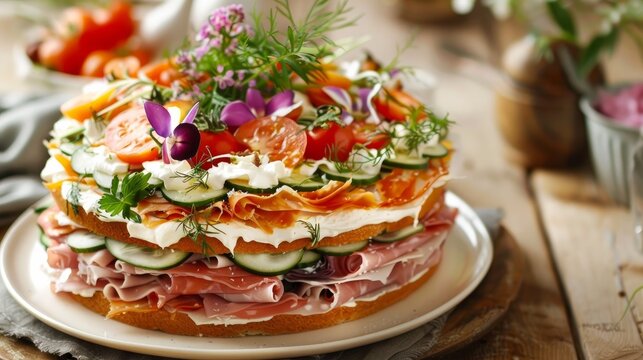 A traditional Swedish sandwich cake called Smorgastorta is a savory dish made with various