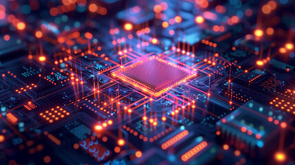 Fototapeta premium Close up of a high technology futuristic circuit board with neon light.