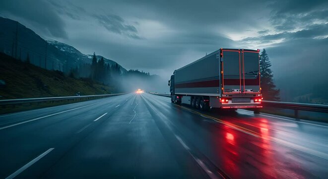 RV overtaking on a long road, rear curtain sync highlighting motion, editorial photography