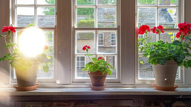 vase on the window with vintage house architecture. interior of a vintage house. seamless looping overlay 4k virtual video animation background