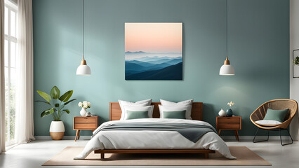 Modern bedroom interior with a comfortable bed, hanging lamps, artwork, and plants, in a serene blue color scheme.