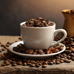 Delicious coffee beans inside the cup and plate from the front