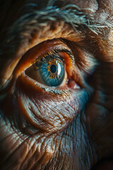 A closeup shot of an elderly mans eye reveals a striking blue pupil, reminiscent of the vibrant...