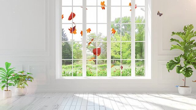 stylish empty room in white color with summer from window. seamless looping overlay 4k virtual video animation background