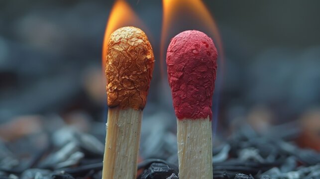 A closeup photograph of two matches their heads touching and creating a single flame symbolizing the merging of two souls.