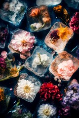 Blocks of ice with flowers on them, sitting in the water