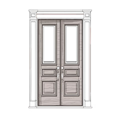 Wooden door entrance closed sketch flat vector illu