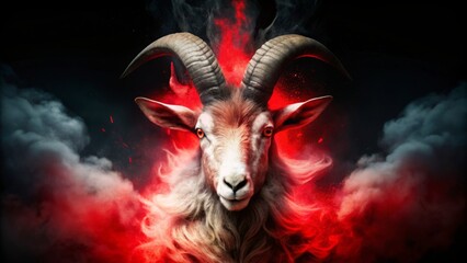 Dramatic goat head with red aura - An artistic representation of a goat head with dark twisted horns and a deep red smoky aura