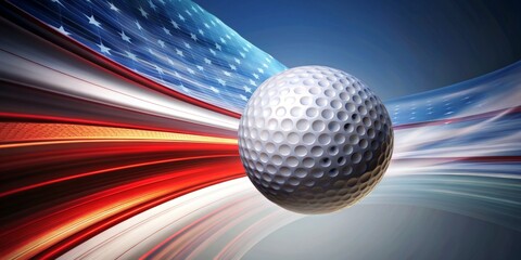 Golf ball in motion with USA flag background - Dynamic close-up of a golf ball against a stylized American flag, symbolizing energy and movement in sport