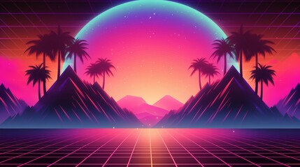 Retro-Futuristic 80s Style Neon Landscape with Palm Trees and Mountains