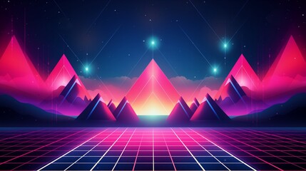 Synthwave retro futuristic landscape with sun, grid, and mountains. Digital retro cyberpunk aesthetic design for poster, wallpaper, music album cover. - obrazy, fototapety, plakaty