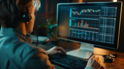 Close-up of a person analyzing financial data on a computer screen, with a focus on charts and numbers