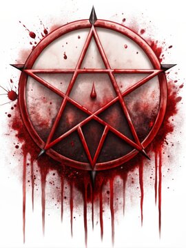 Red pentagram symbol with splattered blood - A sinister pentagram symbol drips with blood, suggesting horror, occult practices, and a foreboding atmosphere in a detailed illustration
