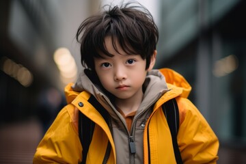 Portrait of a cute little boy in a yellow jacket in the city