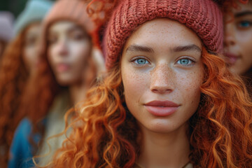 Obraz premium close-up portrait of a beautiful red-haired girl with blue eyes against the background of other girls 