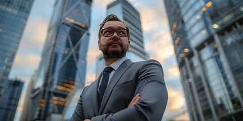 Businessman in a Suit with Skyscrapers in the Background. Concept Corporate Headshots, Urban Business, Skylines, Professional Portraits, City Dapper
