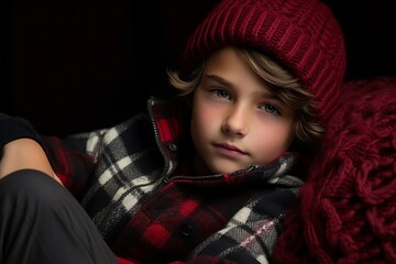 Portrait of a boy in a red hat and a plaid.