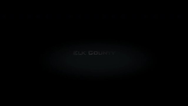 Elk County 3D title metal text on black alpha channel background