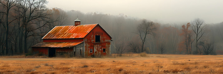 Mystic Old Wooden Barn Rustic Charm and Weathere ,
Weathered wooden barn in foggy morning - obrazy, fototapety, plakaty
