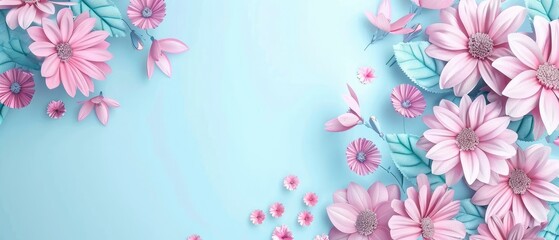 Digital composition of flowers on blue backdrop - This digital art piece features a symmetrical arrangement of flowers with cool tones on a tranquil blue background