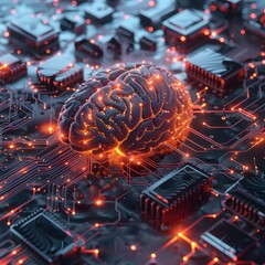  AI circuit, 3D tech rendered illustration of the brain on circuit, motherboard circuit, Chip, brain chip, data information flow, tech brian