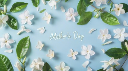 Elegant Mother's Day greeting with flowers - Beautifully arranged jasmine flowers and green leaves with 'Mother's Day' lettering on a blue background
