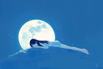 Obraz na płótnie Canvas Girl lying on a hill looking at the moon - Illustration of a girl in repose on a hill with a large moon backdrop, depicting peacefulness and solitude