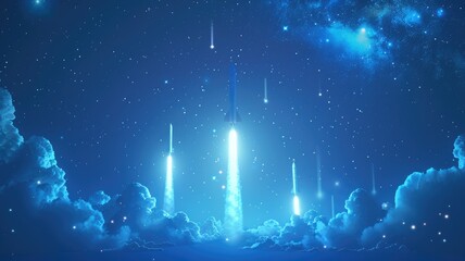 Fototapeta na wymiar Glowing rockets soaring through cosmic blue sky - Digital art of rockets launching with a radiant glow, set against an ethereal backdrop resembling outer space