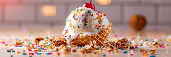 JQ's Dessert Triumph: A Masterpiece of Vanilla, Chocolate, and Sprinkle Swirls on a Golden Waffle Cone