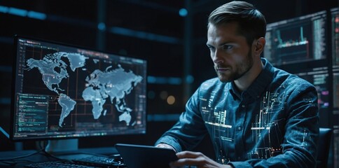 Programming coding and man with focus, hologram and trading with cyber security, futuristic and research, Male person, investor and employee with data analysis, server or investment with website info