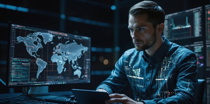 Programming coding and man with focus, hologram and trading with cyber security, futuristic and research, Male person, investor and employee with data analysis, server or investment with website info 