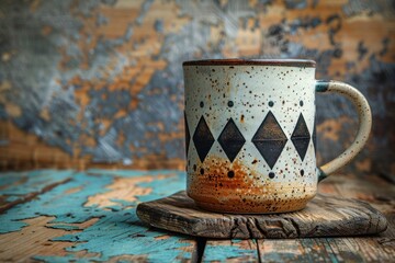 Geometric-patterned mug on rustic wooden table.