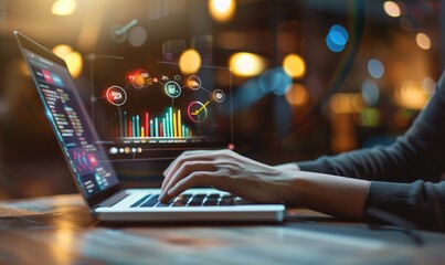 Person trading stocks on a laptop with infographics - A focused individual engaging in stock trading with a laptop displaying vibrant charts and infographics in a cozy evening ambiance - obrazy, fototapety, plakaty