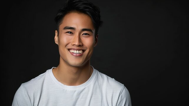 Man with bright smile on a black background - A friendly young man in a white shirt beams a brilliant smile before a sleek black background